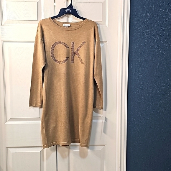 Calvin Klein Dresses & Skirts - New Calvin Klein Long Sweater Dress w CK Bling Logo Tan/Gold Size SMALL